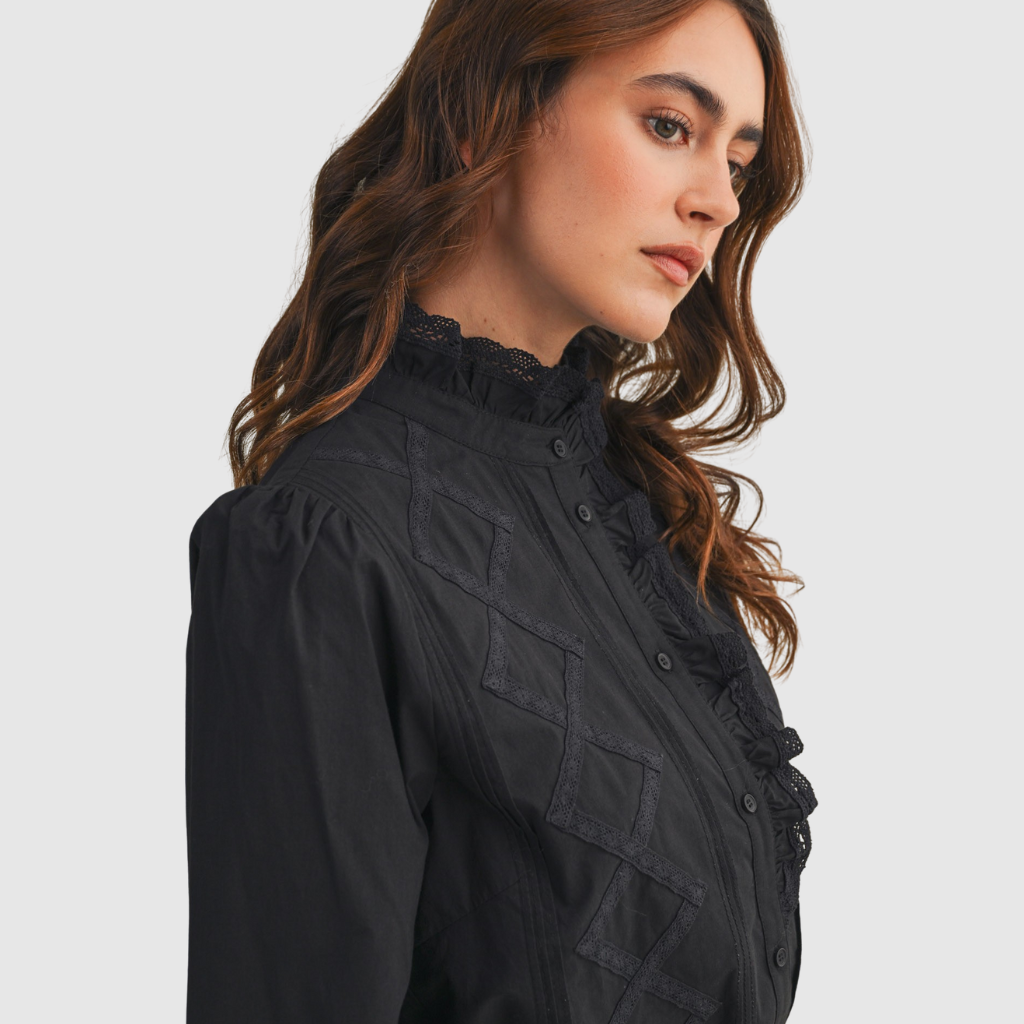 Ruffle lace trim botton down top