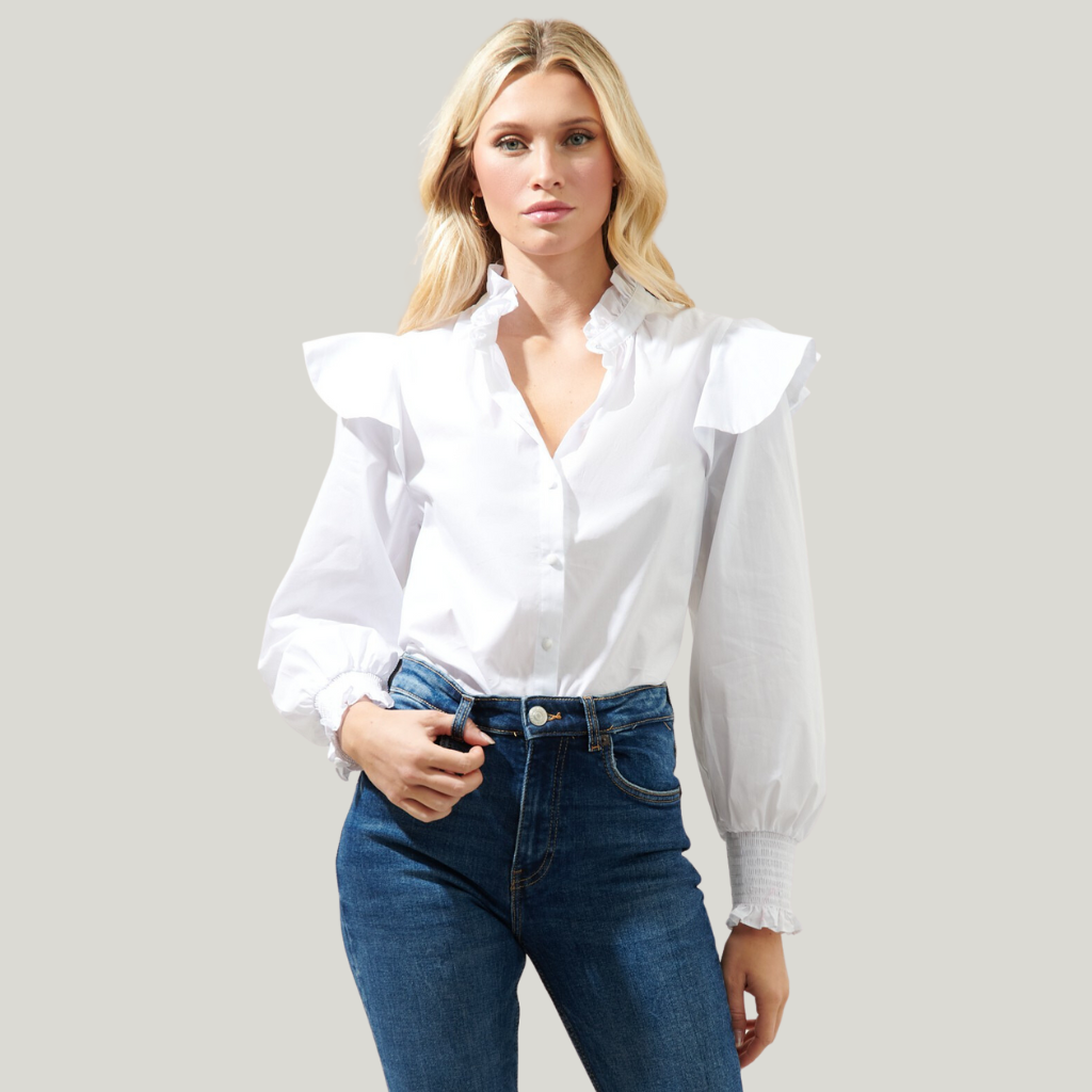 WHITE MALBEC RUFFLE TOP