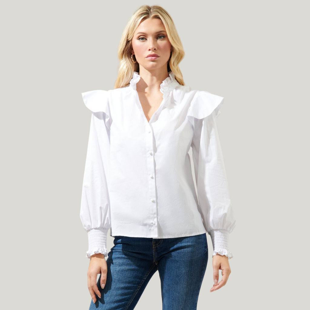 WHITE MALBEC RUFFLE TOP