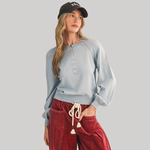 Load image into Gallery viewer, PASTEL BLUE PUFF SLEEVE HENLEY SWEATER PULLOVER
