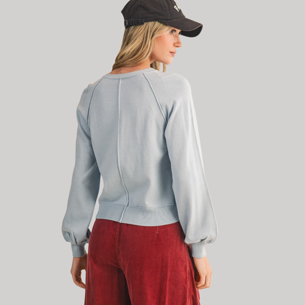 PASTEL BLUE PUFF SLEEVE HENLEY SWEATER PULLOVER