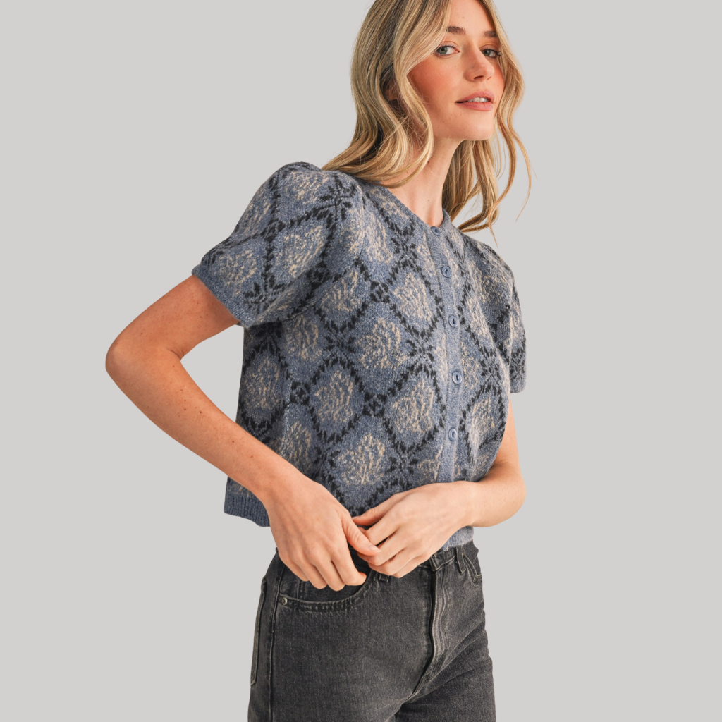 NAVY BLACK BLOOM FLORAL KNIT CARDIGAN