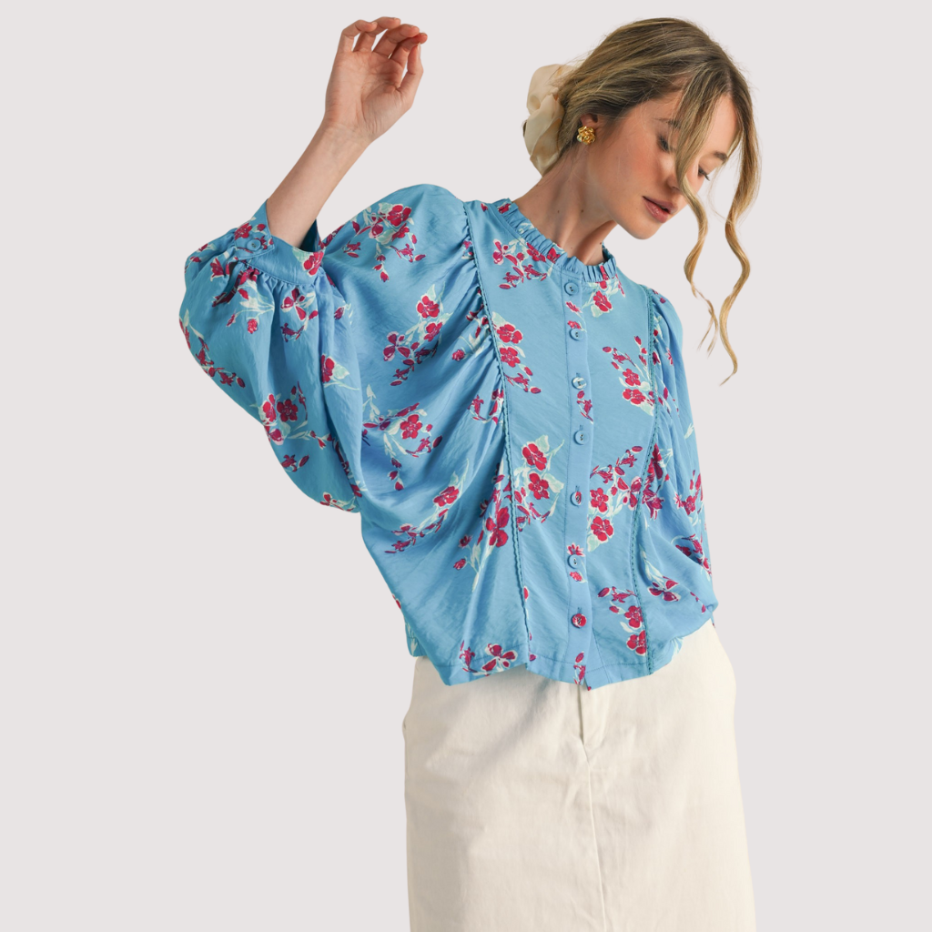 Cherry bloom bubble sleeve top