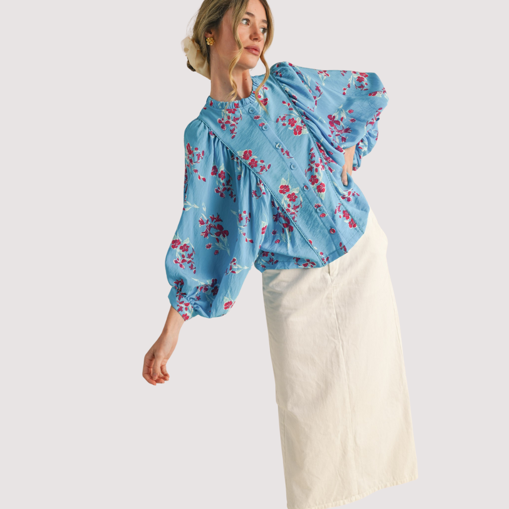 CHERRY BLOOM BUBBLE SLEEVE TOP