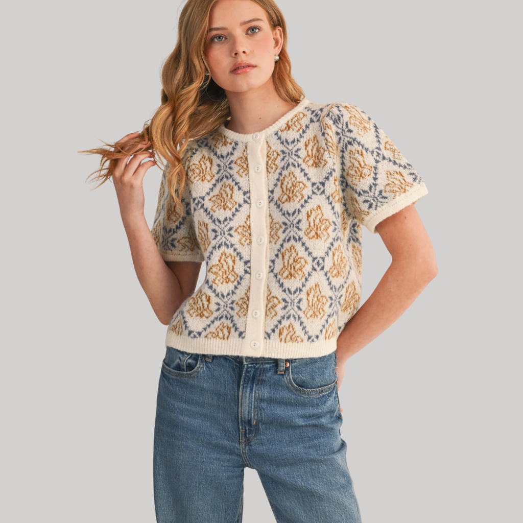 IVORY BLOOM FLORAL KNIT TOP CARDIGAN