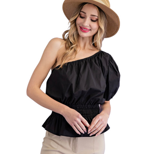 Open image in slideshow, BASHA BLACK ONE SLEEVE BLOUSE
