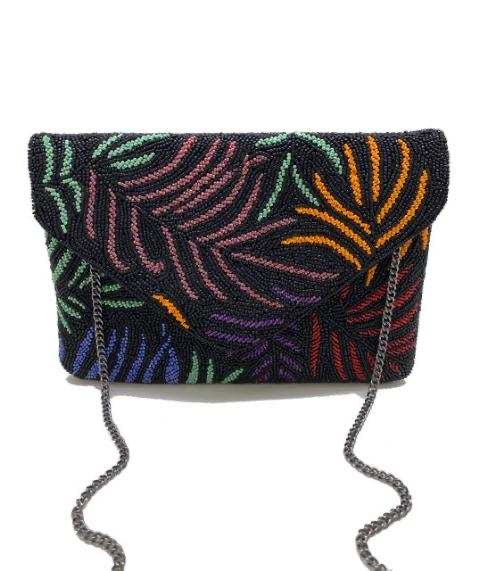 BLACK MULTI-COLOR LEAF BEADSED CLUTCH