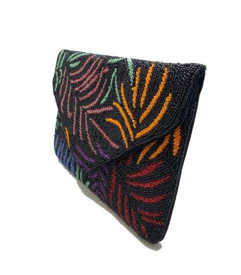 BLACK MULTI-COLOR LEAF BEADSED CLUTCH