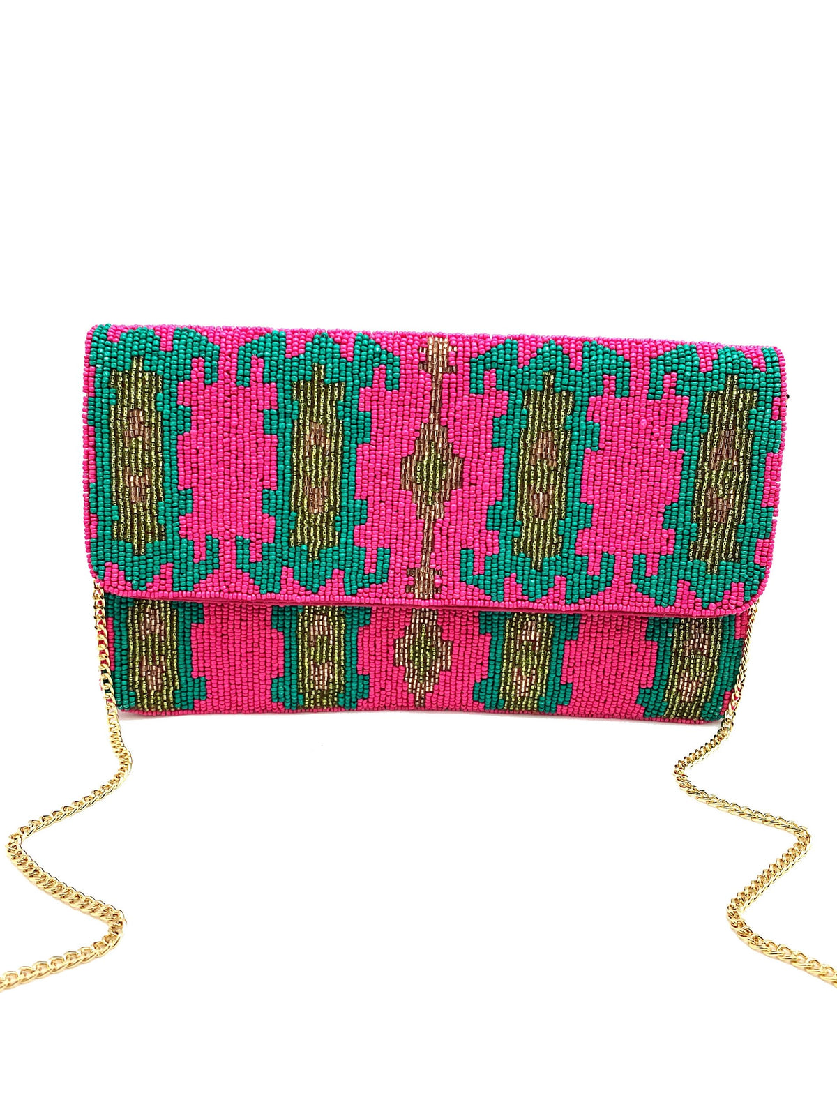 Aztec fuchisia & green clutch