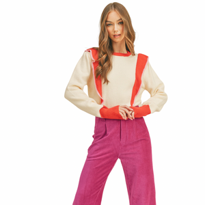 Open image in slideshow, MALAGA RUFFLE PULLOVER PINK-RED COMBO
