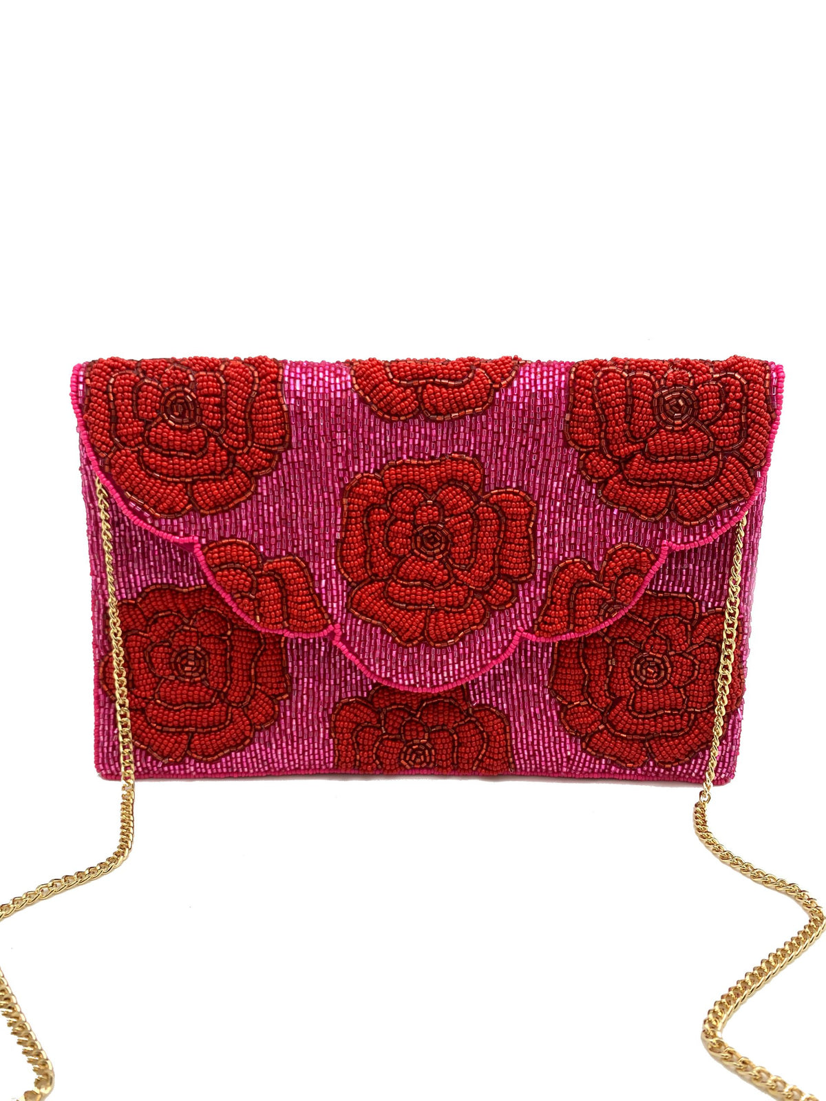Fuchsia & red rose beaded bag